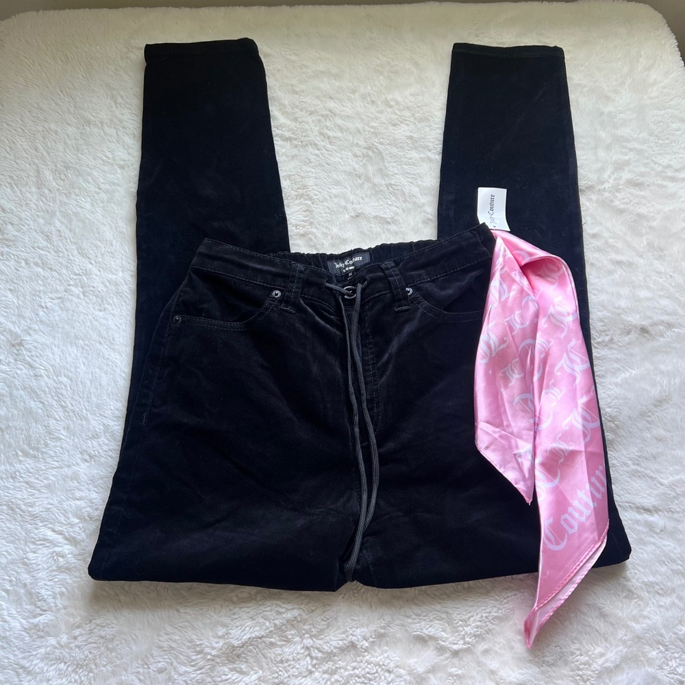 Juicy Couture Newport Skinny Black Corduroy Pants High Rise Size 26 With Scarf